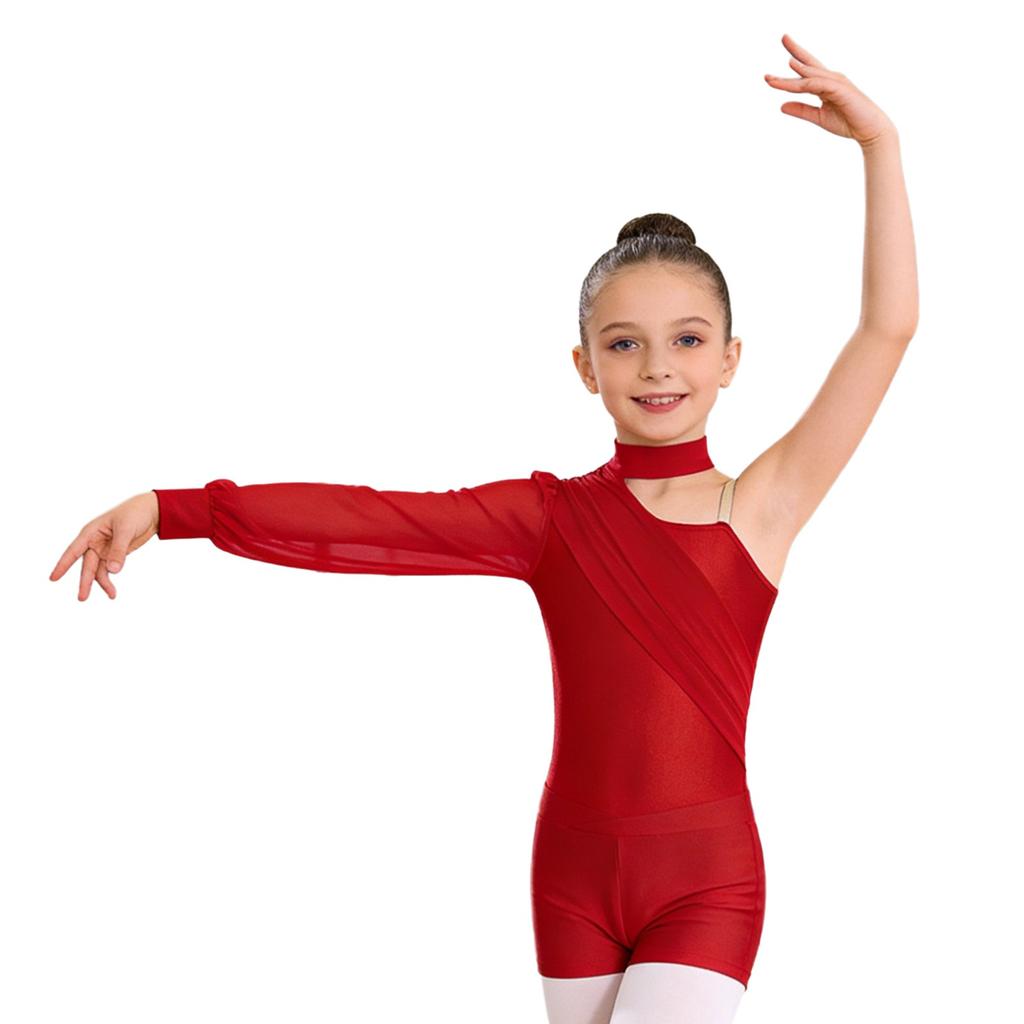 Body da Ginnastica Artistica e Pattinaggio Artistico da Ragazza a Spalla Singola, Manica Lunga, Rucherato in Rete
