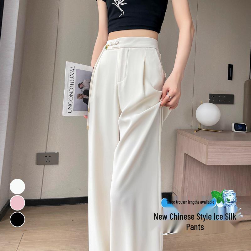 Summer 2026 Chinese Style High Waist Wide Leg Ice Silk Pants for Women