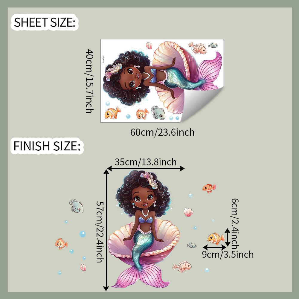Magical Cartoon Mermaid Princess Wall Sticker Underwater Fantasy Self-Adhesive Decor for Kids Room Bedroom Living Room Nursery 40x60cm
