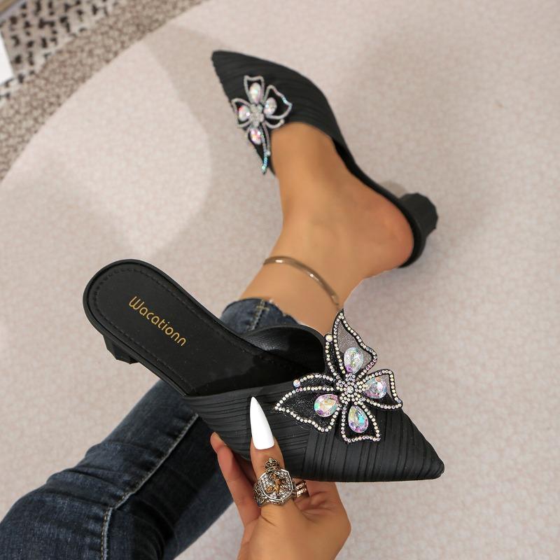 Fashion Women's Baotou Slippers Spring New Pointed Head Shallow Mouth Rhinestone Butterfly Knot Anti-slip Wear-resistant High Heels