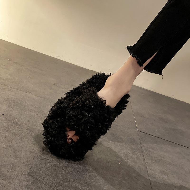 Vintage design cross fluffy slippers women autumn and winter dark clouds thick bottom versatile cute long curly slippers women