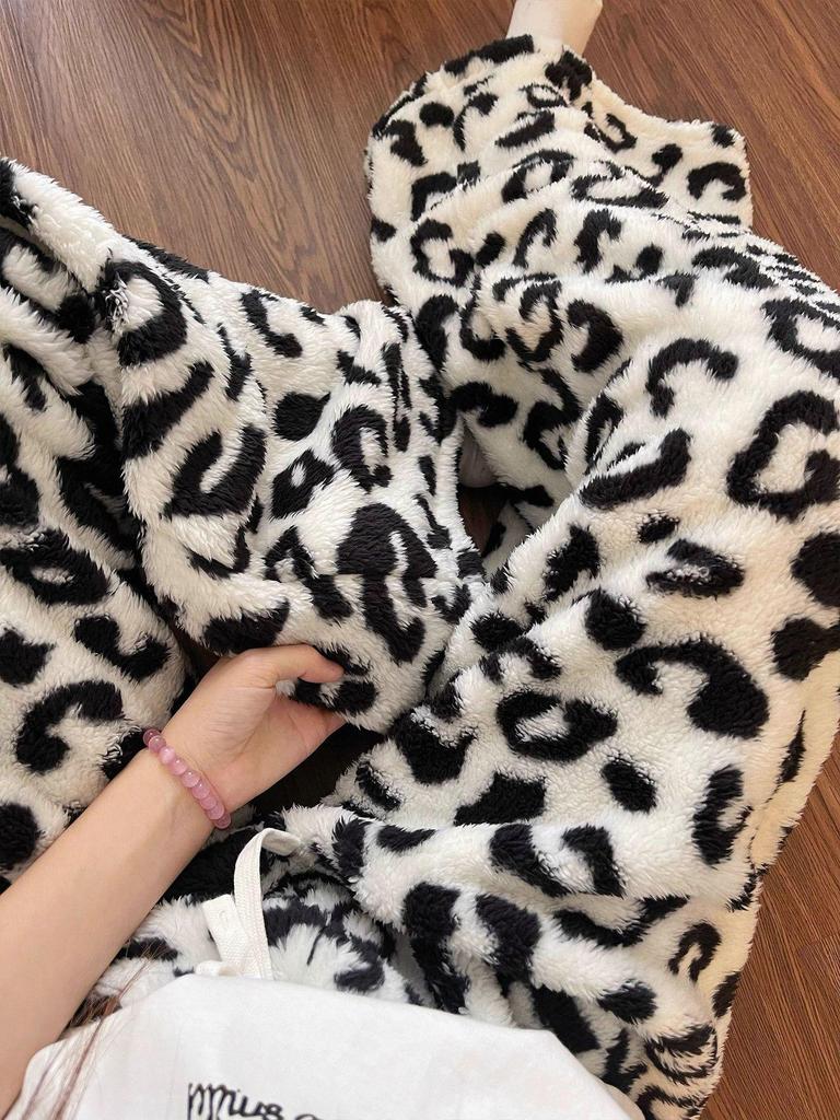 Korean Retro Leopard Print Pajama Pants for Women - 2025 Winter Casual and Warm