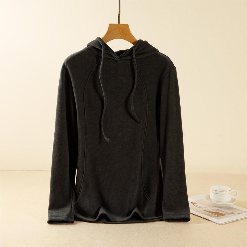 Derong Autumn Winter Double-sided Brushed Long Sleeved Hooded T-shirt for Women Loose Fit Slimming Base Shirt Hoodie & Sweatshirts Women’s
