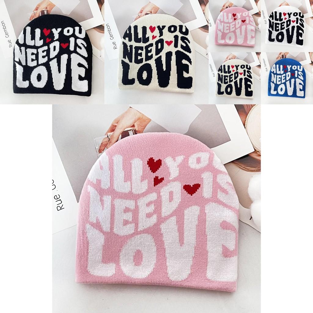 Simple Color Blocked Letter Heart Pattern Women Casual Warm Knitted Hat For Winter Outdoor Warmth