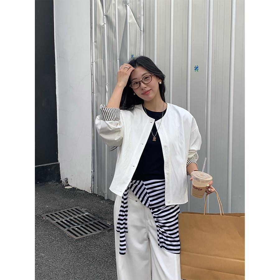 2025 Spring Women's Korean Minimalist Striped Sleeve Patchwork Jacket - Loose Fit