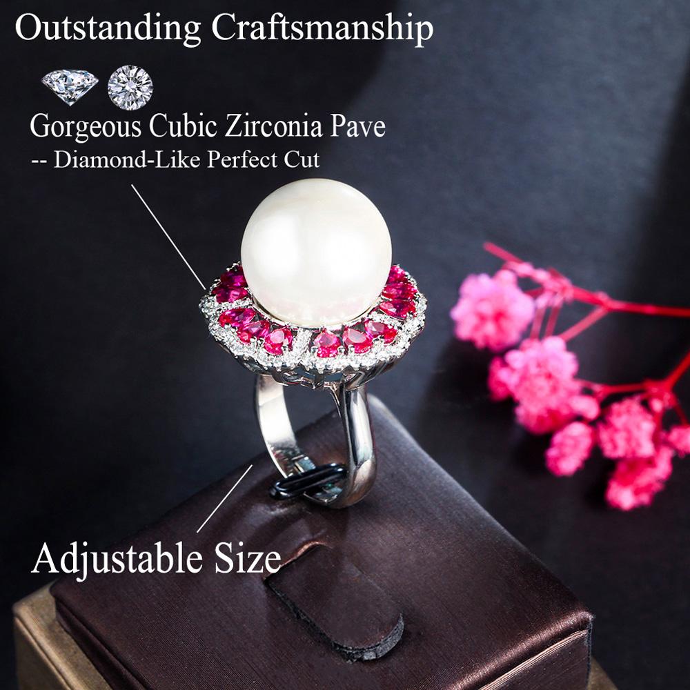 CMM Jewelry Wunderschöner schicker roter Zirkonia-Blume-Ring, rund, klobig, groß, verstellbar, künstlicher Perlenring für Frauen, Party-Schmuck
