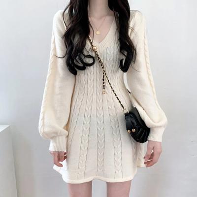 Knit Knitted Sweater Mini Dress Women Casual Lantern Sleeve Short Dresses Autumn Winter V-neck Outfits Female