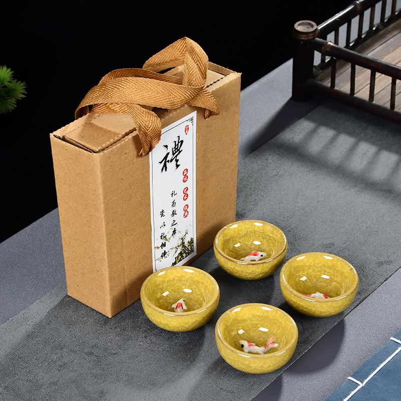 Ice Crackle Teacup Set(4 Cups)Traditional Home Kung Fu Tea Tasting Cups Ceramic Small Fish Water Bowl Festival Gifts for Friend