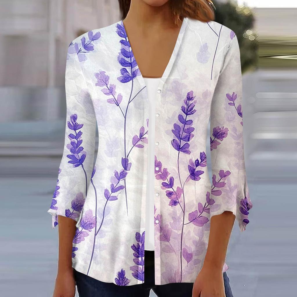 Women's Fashion Loose Casual Printed Seven-Part Sleeve Button Down Blouse Cardigan Top