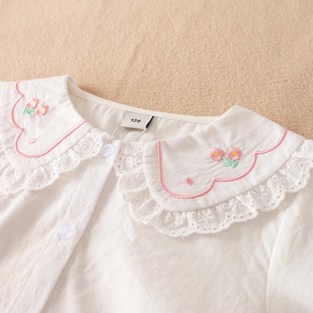 Girls White Shirt 100% Cotton 5-12T Embroidered Ruffled Collar Lace Trim Long Sleeved Top Kids Back To School Clothes