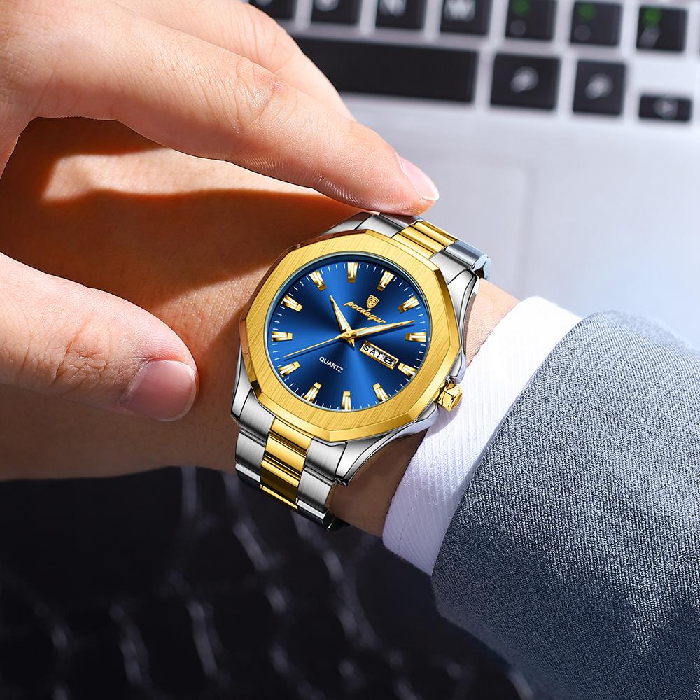 Dvojité kalendářové osmiboké hodinky z nerezové oceli Pánské luxusní vodotěsné svítící obchodní křemenné hodinky vhodné pro každodenní podnikání