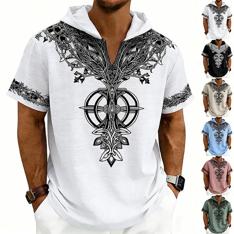 Men Loose Hooded Faith Rune Print Short Sleeve Casual T Shirt