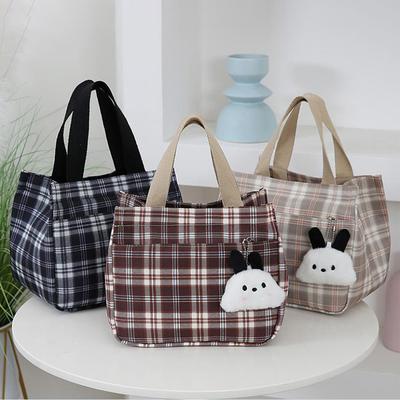 Cartoon Casual Plaid Pattern Canvas Versatile Handbag With Plush Pendant Office Worker Lunch Bag Tote Bag Mountaineering Bag