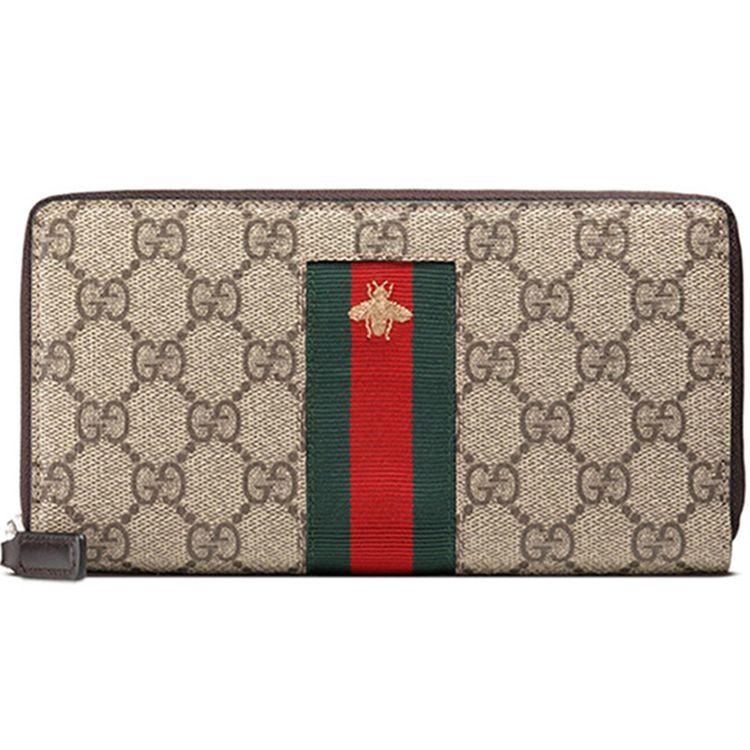 

Гаманець чоловічий Gucci з вишитим логотипом-бджолою, смугастою стрічкою Web, довгим блискавкою, з канви та шкіри, колір Бежевий Ебоні 408831-KLQCN-8461