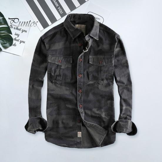 

Весна-осінь Чоловіча сорочка з камуфляжним принтом у стилі карго Нагрудні кишені Зносостійкий Довгий рукав Відкладний комір На ґудзиках Верх для роботи на відкритому повітрі XL зелений