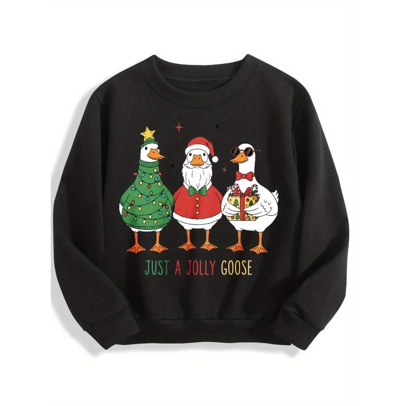 European sizes Christmas Sweater with Goose & Duck Santa Print - Just A Jolly Goose Holiday Party Outfit, Long Sleeve Winter Sweater for Kids