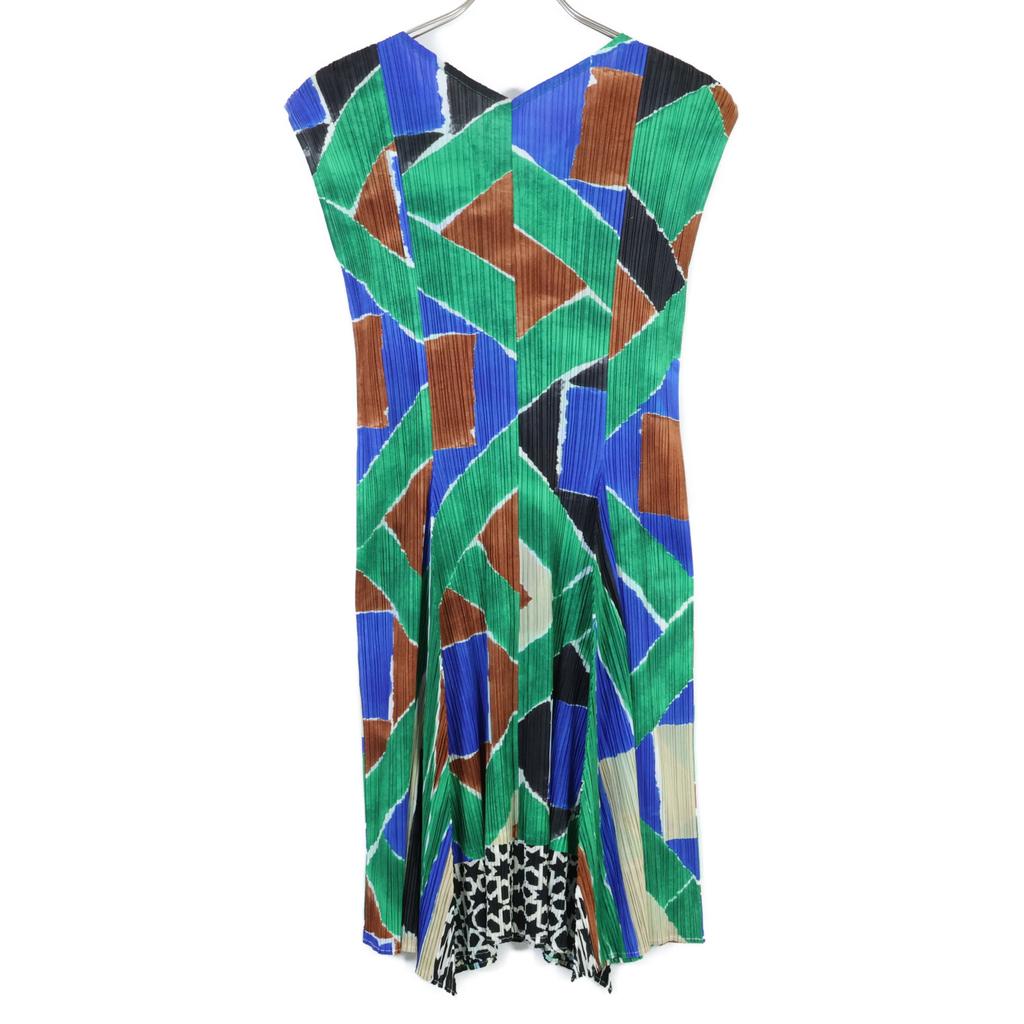 PLEATS PLEASE PP51-JH642 15Stainless Steel Green x Blue Geometric Print One-Piece dress 3 greenUsed