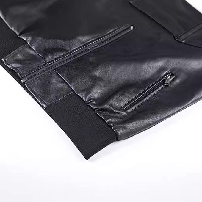 Faux Leather Jacket Men's Winter Faux Leather Jacket Men's Stand Collar Casual Jacket Windbreaker Men's Clothing Black