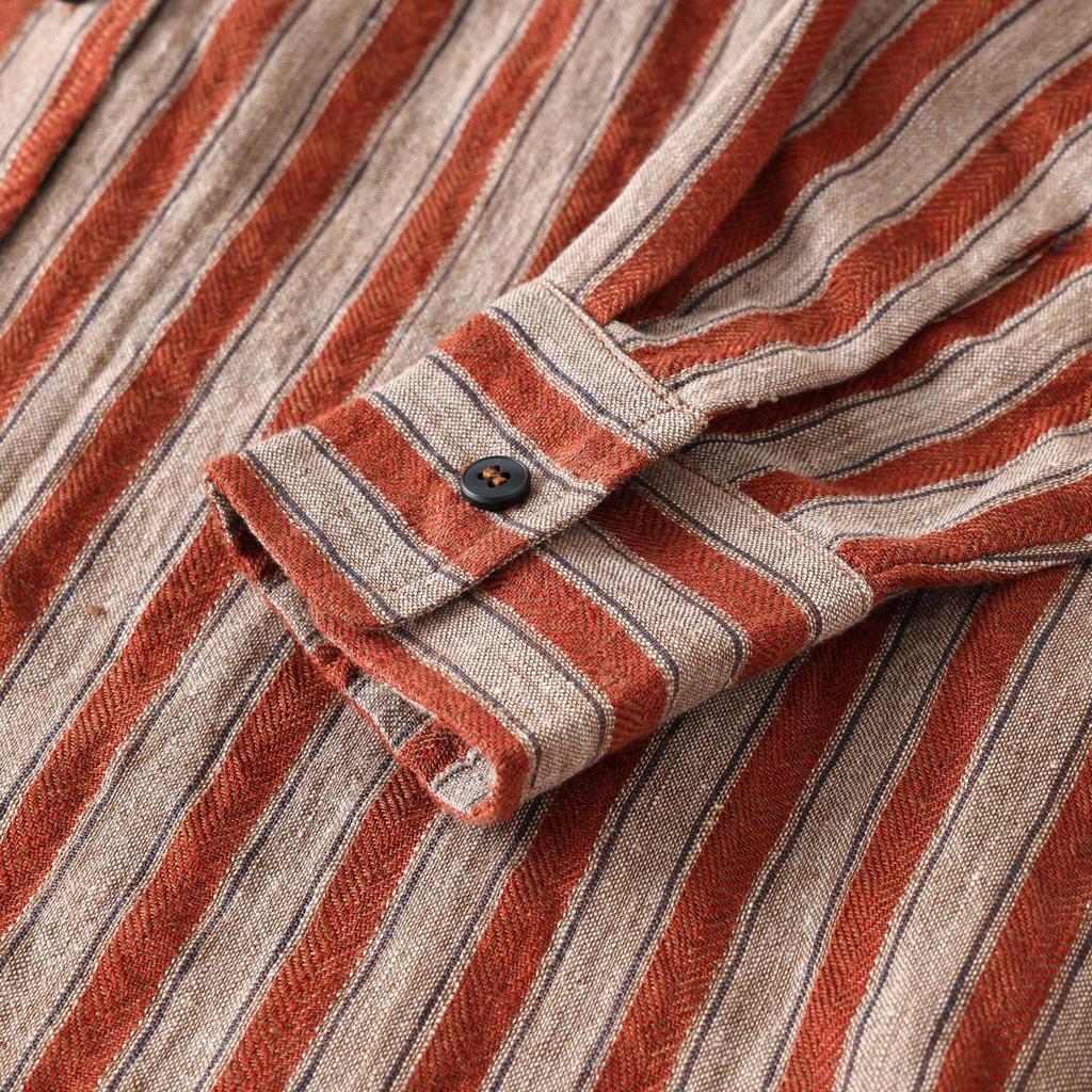 2025 Autumn/Winter Women's Japanese Retro Stripe Linen Polo Long Sleeve Shirt