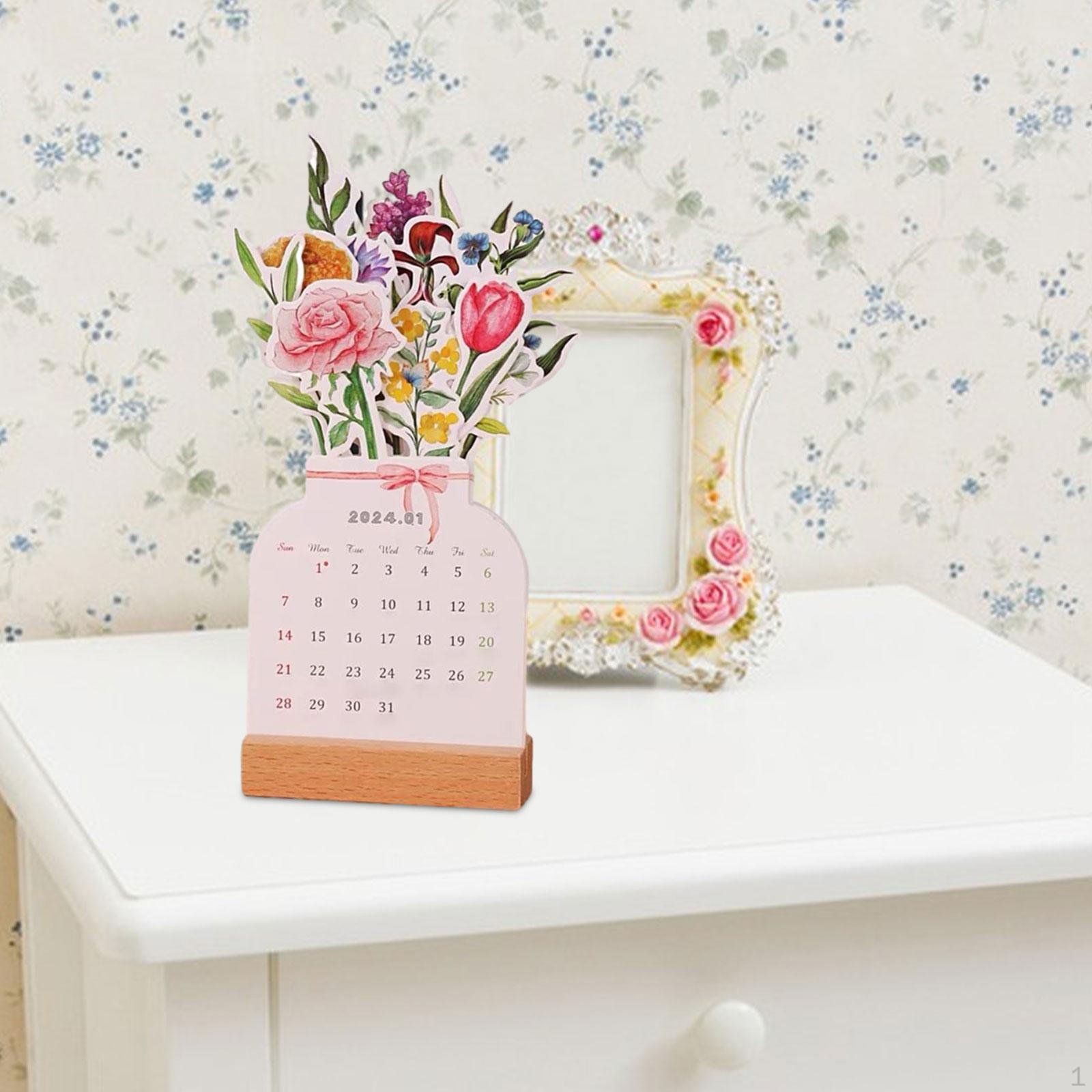 

Desk Calendar Stand up Wooden Base Small Decoration Flower Desktop Tabletop