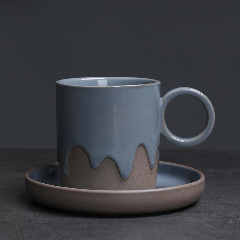 Vintage Glasierte Kaffeetasse und Untertasse Set Grobkeramik Latte Zuhause Kreativer Keramikbecher Wasserbecher Dekoration Heimtasse 200ML