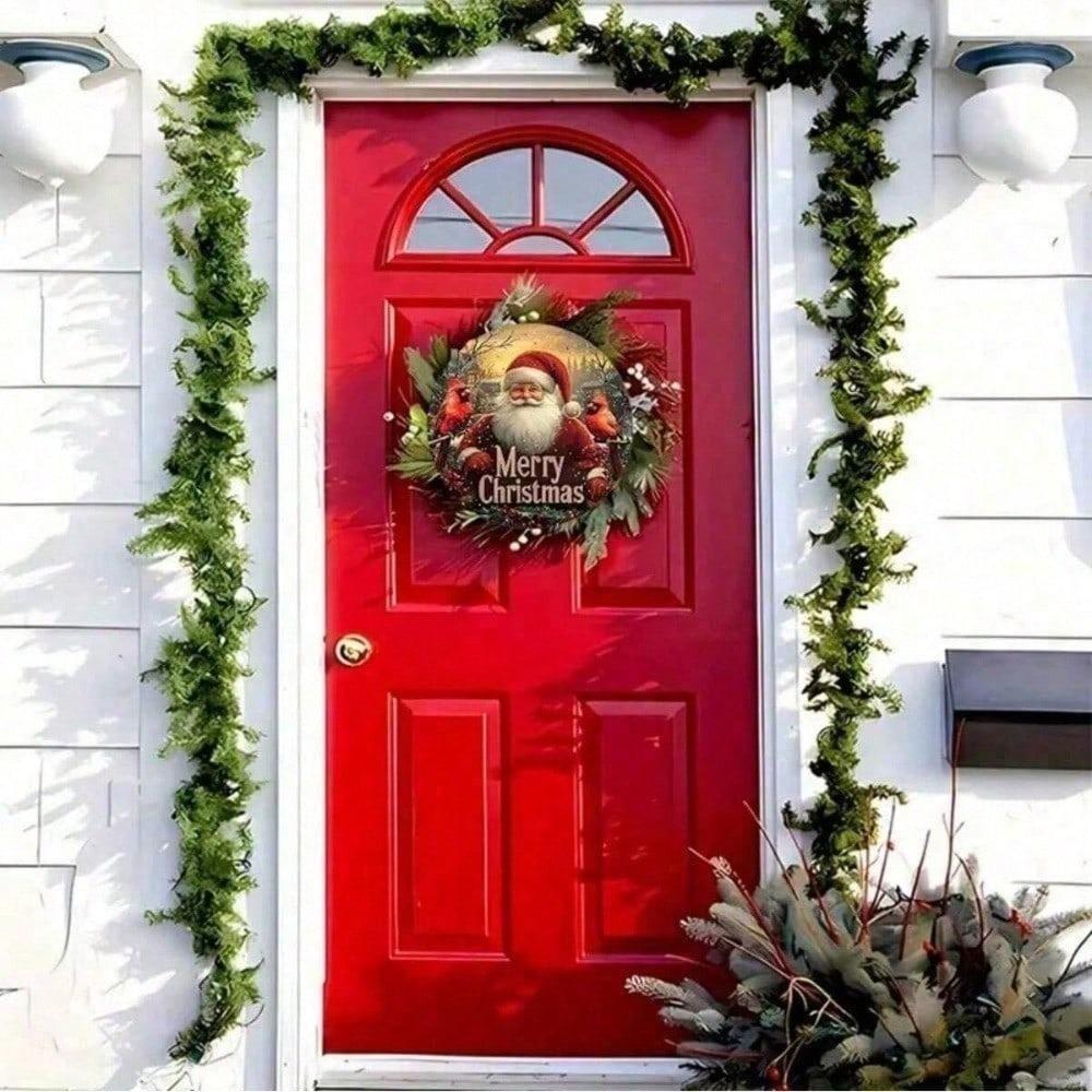 Rustic Metal Santa Claus Cardinal Wreath Sign Merry Christmas Wall Decor 2D Holiday Door Hanging For Home Bar Cafe Garage