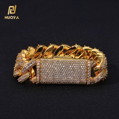 NUOYA Flip Lock Cuban Bracelet 18mm 18K Gold Plated Iced Baguette Cut Zircon Hip Hop Heavy Duty Jewelry
