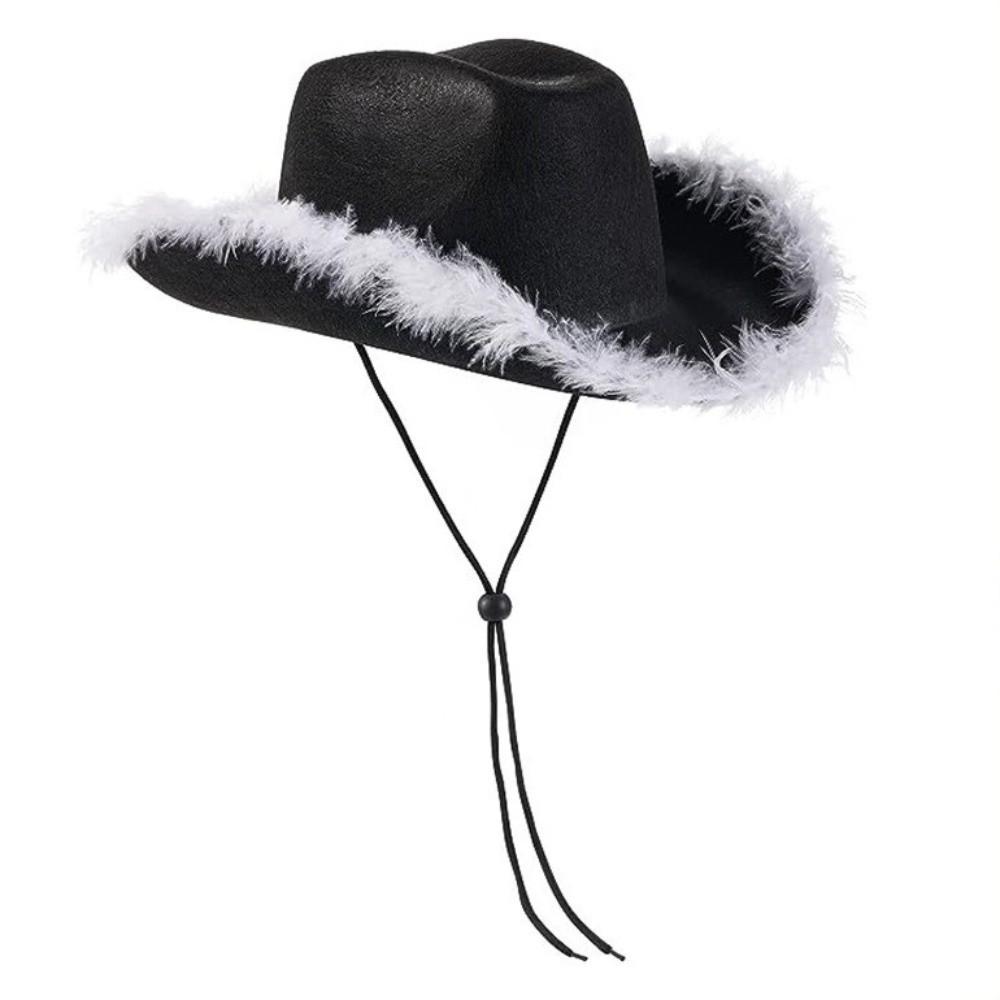 Wide Brim Western Cowboy Hat Furry Trim Top Hat Classic Cowgirl Hat Street Party