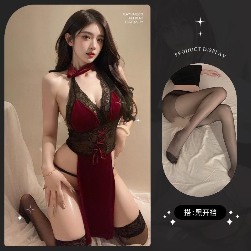 Sex underwear Republic of China cheongsam high split set Guochao lace neck nightdress pajamas
