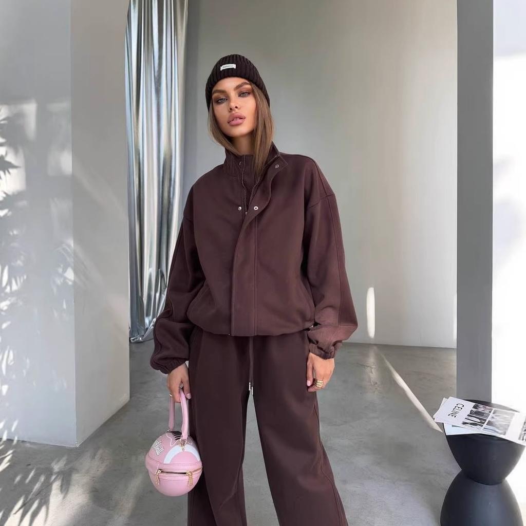 Hot Sale Minimalist Casual Suit Loose Stand-Up Neck Zipper Jacket Drape Wide Leg Pants Two-piece Set
