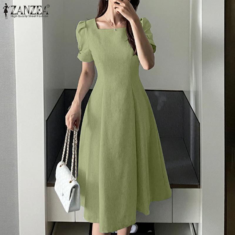 ZANZEA Women Casual Square Collar Short Sleeve Summer A-line Dress
