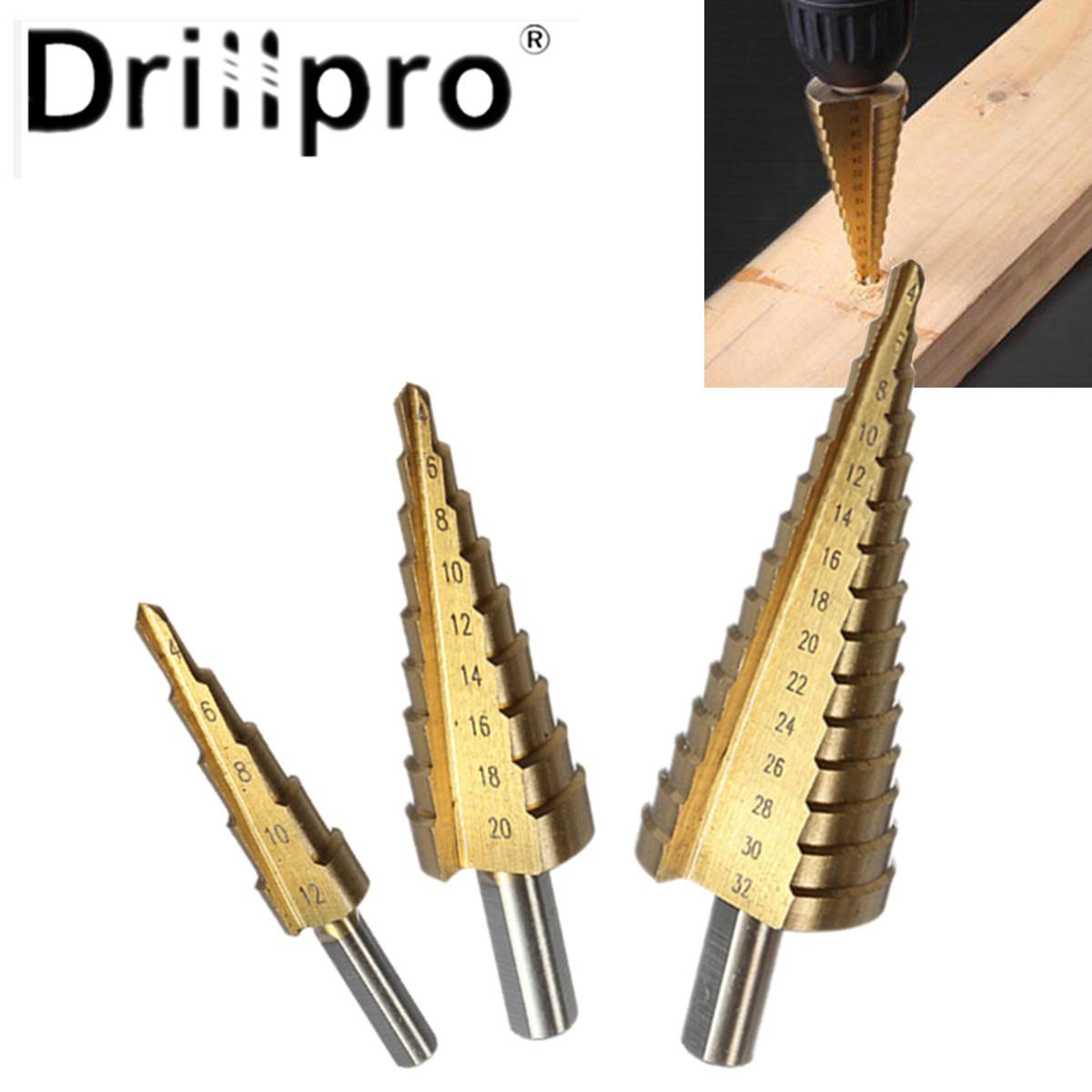 

Drillpro 3 шт. от 4 мм до 12/20/32 мм, большие стальные быстрорежущие сверла со спиральными рифлеными ступенчатыми конусами, титановые сверла, резак для набора отверстий