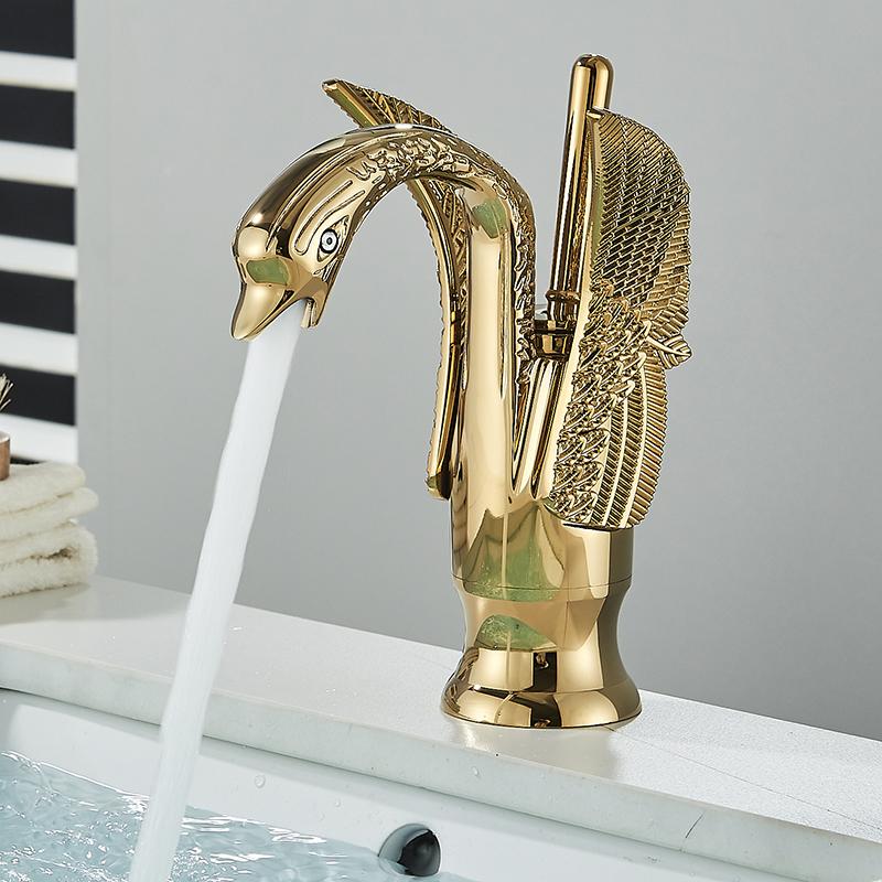 Golden Basin Faucet Deck Mount Sink Short Faucets Swan Shape Single Handle Sink Hot Cold Water Mixer Tap