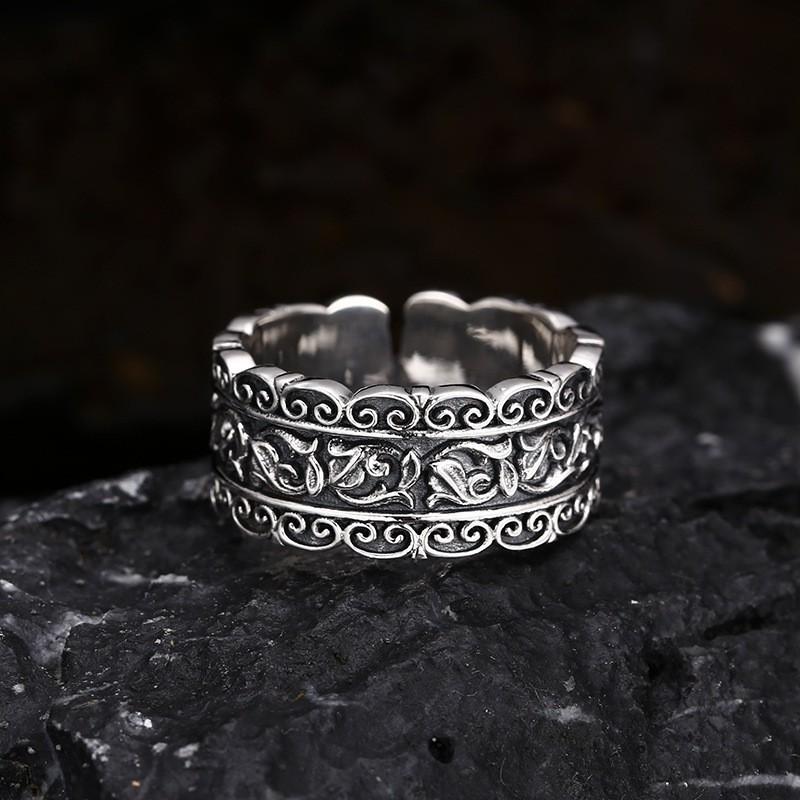 Adjustable Open Ring Men Women Vintage Floral Scroll Motif Plated Hollow Design Boho Retro Statement Jewelry