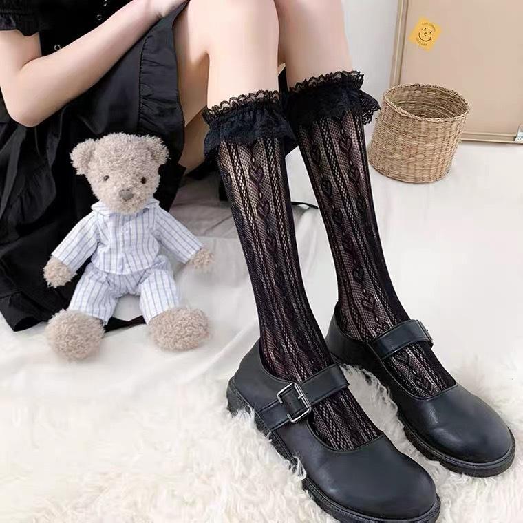 Lolita Stockings Hollow Lace Thigh High Thin Floral White Socks Girl Lolita Cute Japanese Jk Black Over The Knee Stockings