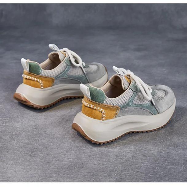 Johnature Mesh Splicing Genuine Leather Breathable Women's Shoes Thick Sole Mixed Colors Casual Sports Shoes