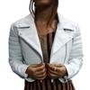 NOORA Womens White Leather Cropped Biker Jacket With Zipper & Pocket | Zip On Sleeves | Belted Jacket | Snap On Collar