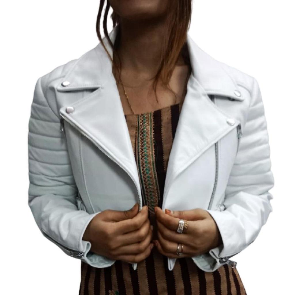 NOORA Womens White Leather Cropped Biker Jacket With Zipper & Pocket | Zip On Sleeves | Belted Jacket | Snap On Collar