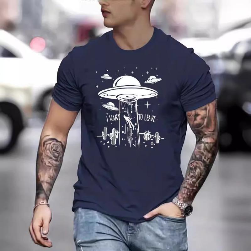 Men's Spaceship Alien Print Loose Round Neck Short Sleeved T-shirt