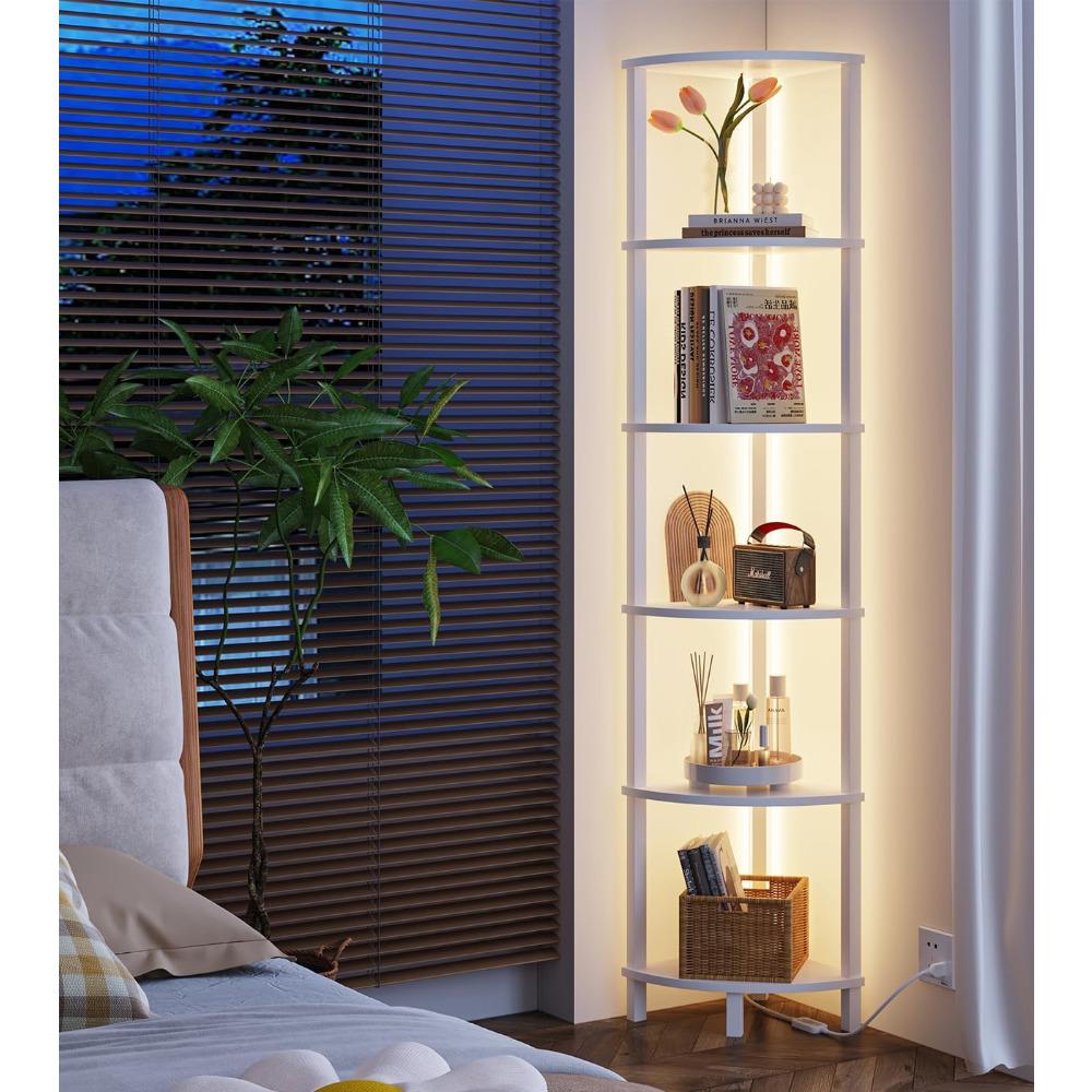 Corners Shelf with LED Light, 6-Tier Corner Bookshelf, Industrial Corner-Ladder Shelf, Modern Display Shelf for Living Room