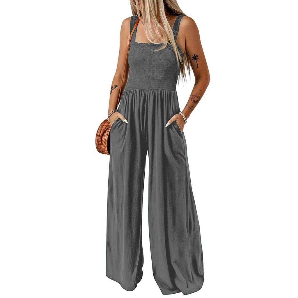 Women’s Sleeveless Wide Leg Jumpsuit Square Neck Ribbed Bodice with Adjustable Straps and Side Pockets Casual Fit