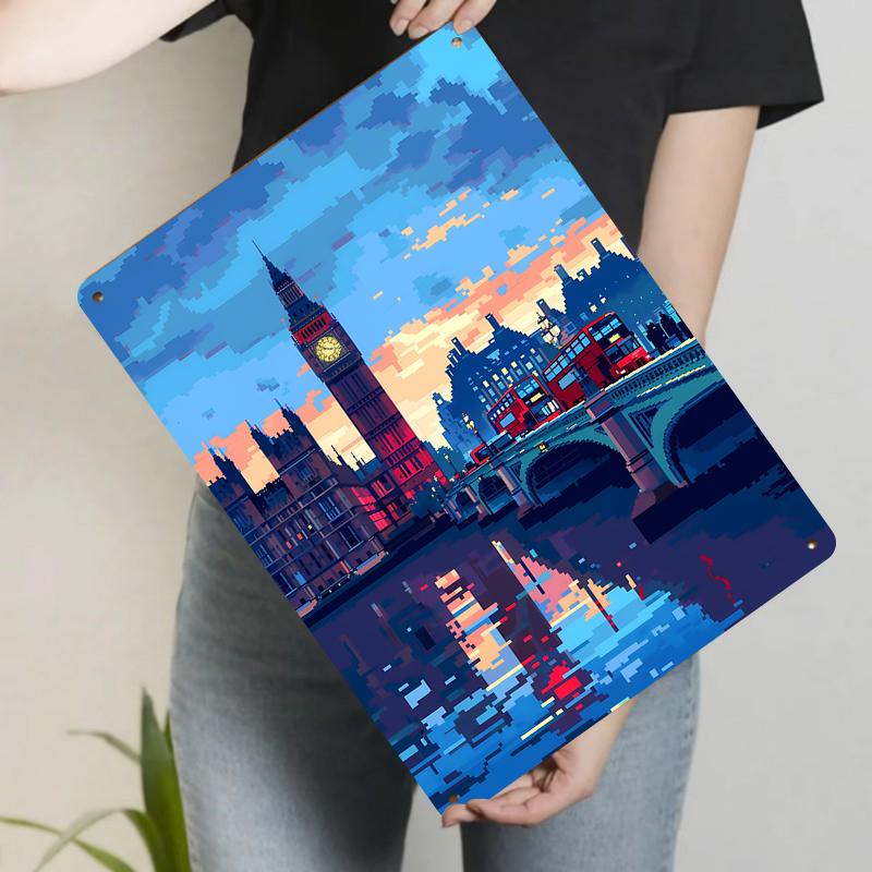 

London Big Ben Sunset Street View Vintage Iron Painting Living Room Bar Decorative Wall Art 20x30cm（7.8x11.8inch）