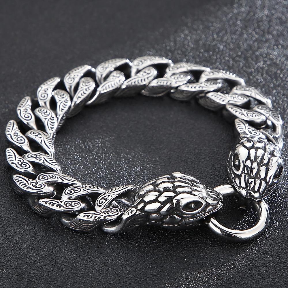 Cool Men's Snake Head Bracelet for Man Male Arm Rings Vintage 15MM Stainless Steel Curb Link Chain Bikers' Jewelry Accessory