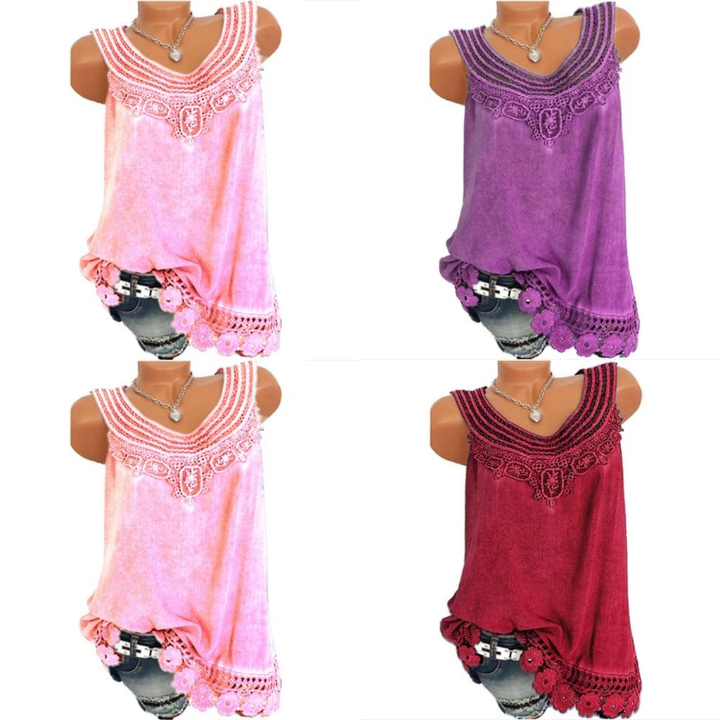Women's Loose Sleeveless Vest T-shirt Blouse With Elegant Boho Lace Design In Plus Sizes