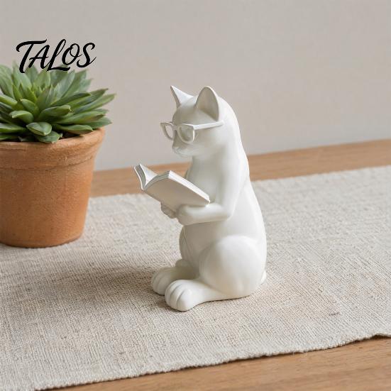 Décoration Chat de Bureau Figurine de Lecture Imprimée en 3D, Ornement Décoratif avec Base Lestée Antidérapante, Pièce d'Art Paresseuse Statue Intellectuelle Œil