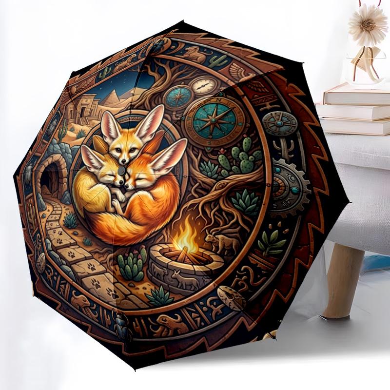 Desert Foxes Ancient Symbols pattern umbrella, portable and foldable design, 8 ribs, a casual accessory for Halloween, Christmas, and birthday gifts. разноцветный