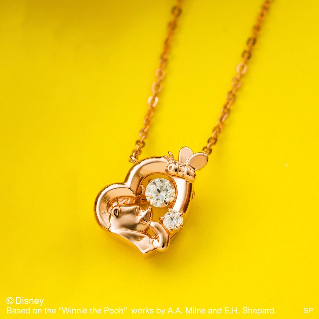 White Clover Winnie the Pooh Dancing Stone Sterling Cubic Pink Necklace, Disney, Silver, Zirconia, Heart, Gold, DISS011PG, Women's