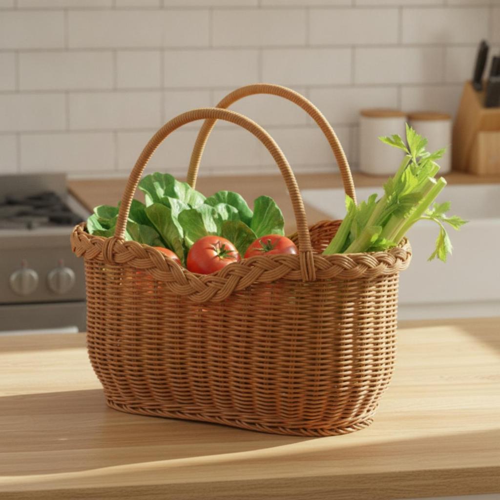 Open-Top Market Basket with Iron Frame Rectangular Rattan Handle