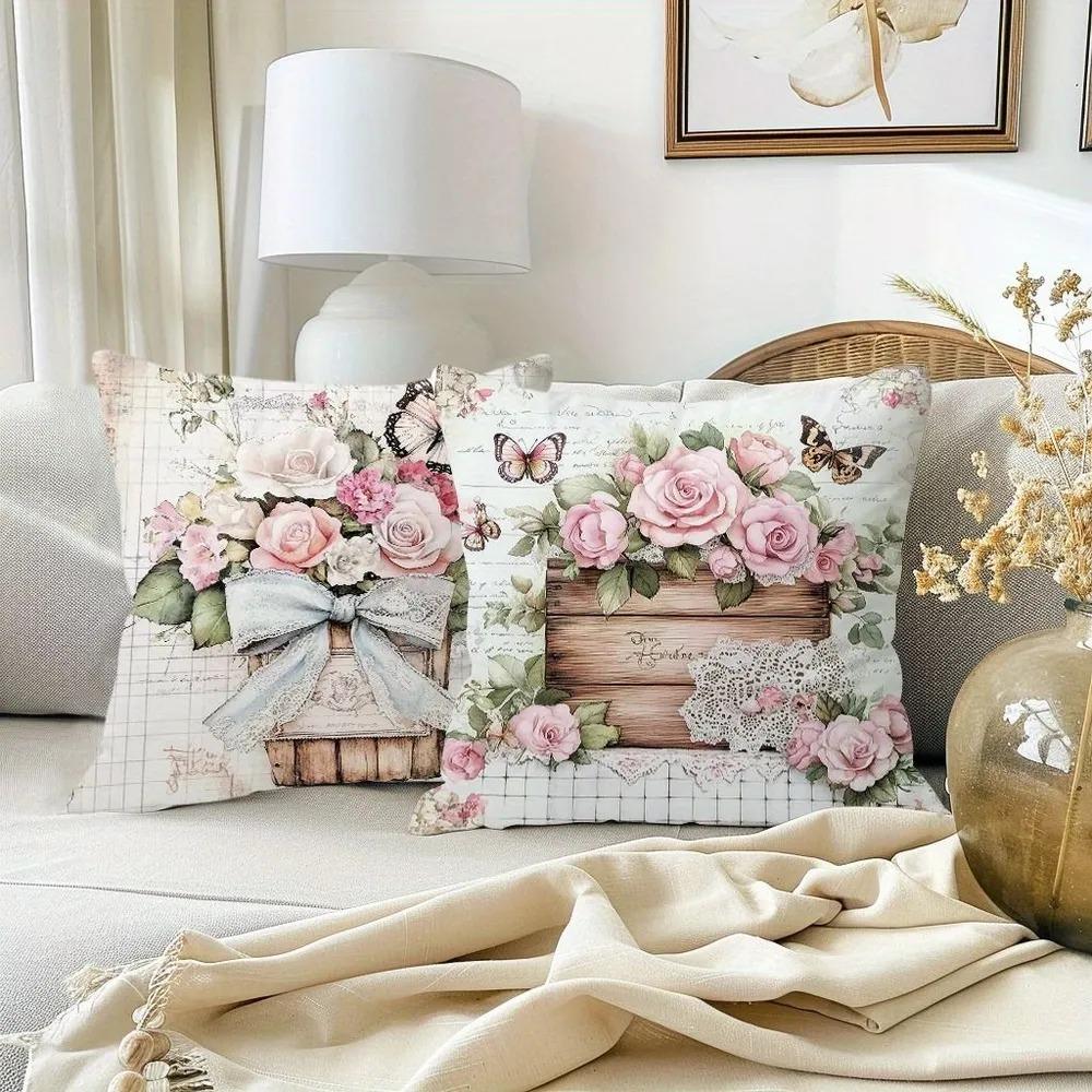 Vintage Floral Boho Farmhouse Pillow Covers Pink Roses Daisies Hydrangeas Decorative Cushion Covers For Sofa Bedroom Home Decor