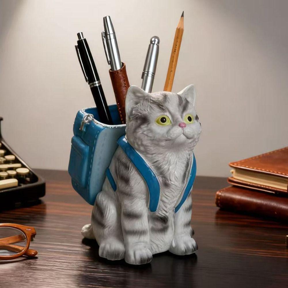 Creative Cat Backpack Pen Holder Cartoon Makeup Brush Holder Office Supplies